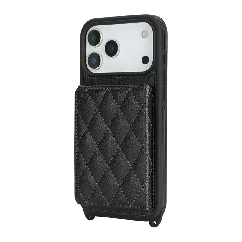 For iPhone 17 Pro Case with Lanyard  /  Mirror  /  Card Holder Grids Pattern RFID Blocking Phone Cover - Black