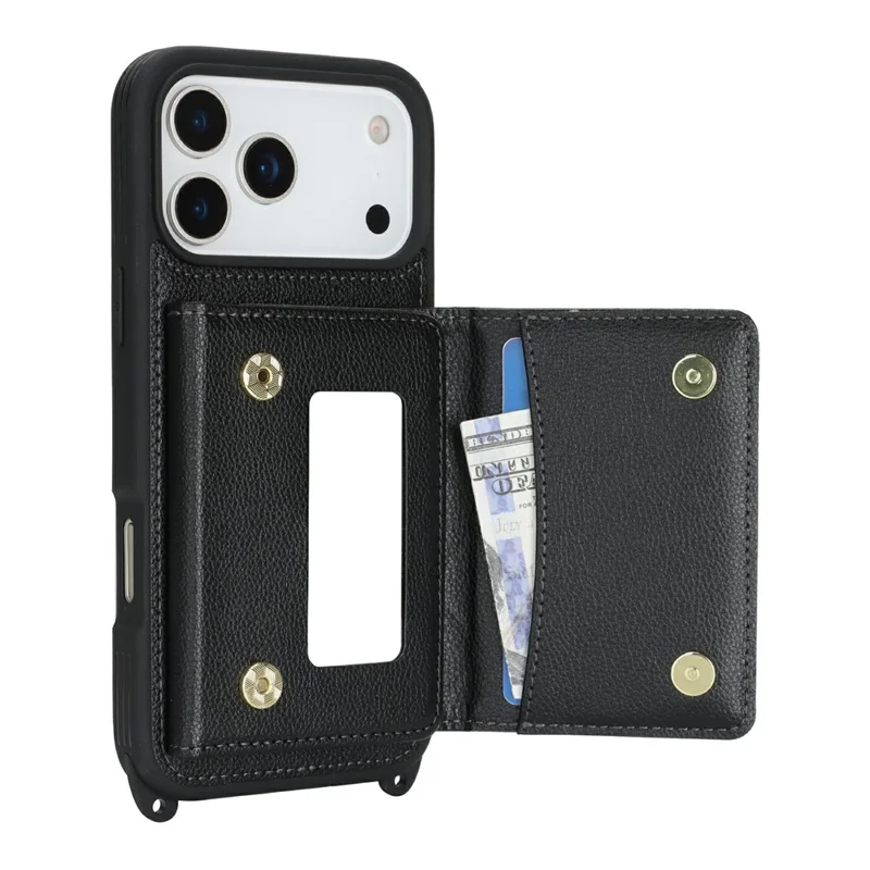 For iPhone 17 Pro Case with Lanyard  /  Mirror  /  Card Holder Grids Pattern RFID Blocking Phone Cover - Black