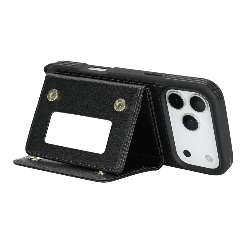 For iPhone 17 Pro Case with Lanyard  /  Mirror  /  Card Holder Grids Pattern RFID Blocking Phone Cover - Black