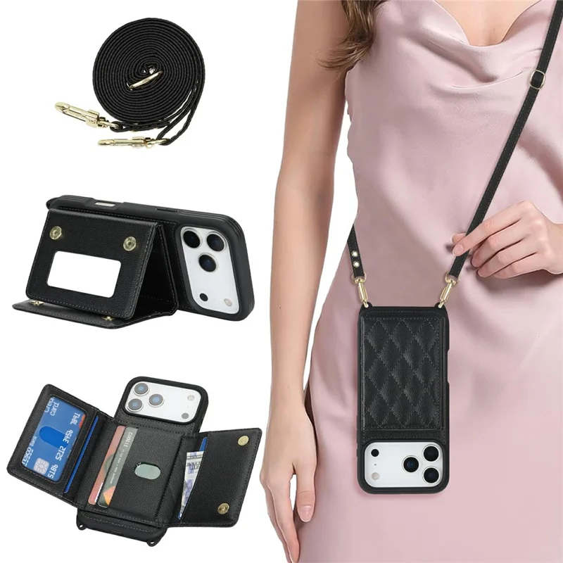 For iPhone 17 Pro Case with Lanyard  /  Mirror  /  Card Holder Grids Pattern RFID Blocking Phone Cover - Black