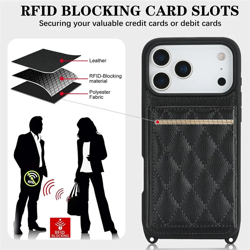 For iPhone 17 Pro Case with Lanyard  /  Mirror  /  Card Holder Grids Pattern RFID Blocking Phone Cover - Black