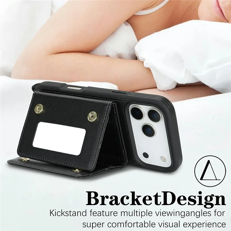 For iPhone 17 Pro Case with Lanyard  /  Mirror  /  Card Holder Grids Pattern RFID Blocking Phone Cover - Black