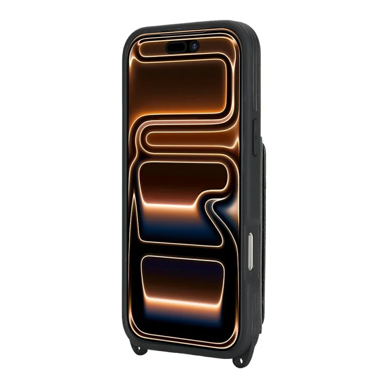 For iPhone 17 Pro Max Case with Lanyard  /  Mirror  /  Card Holder Grids Pattern RFID Blocking Phone Cover - Black