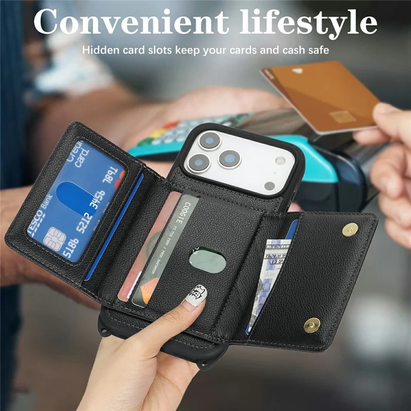 For iPhone 17 Pro Max Case with Lanyard  /  Mirror  /  Card Holder Grids Pattern RFID Blocking Phone Cover - Black