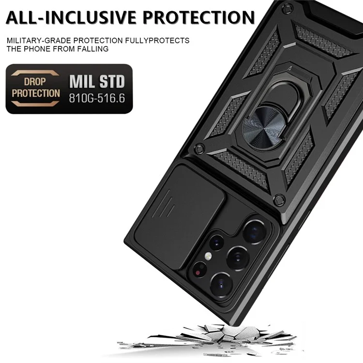Para Samsung Galaxy S23 Ultra Case de Telefone Anti-queda Anel de Suporte Kickstand PC + TPU Capa de Smartphone com Protetor de Câmera Deslizante - Preto