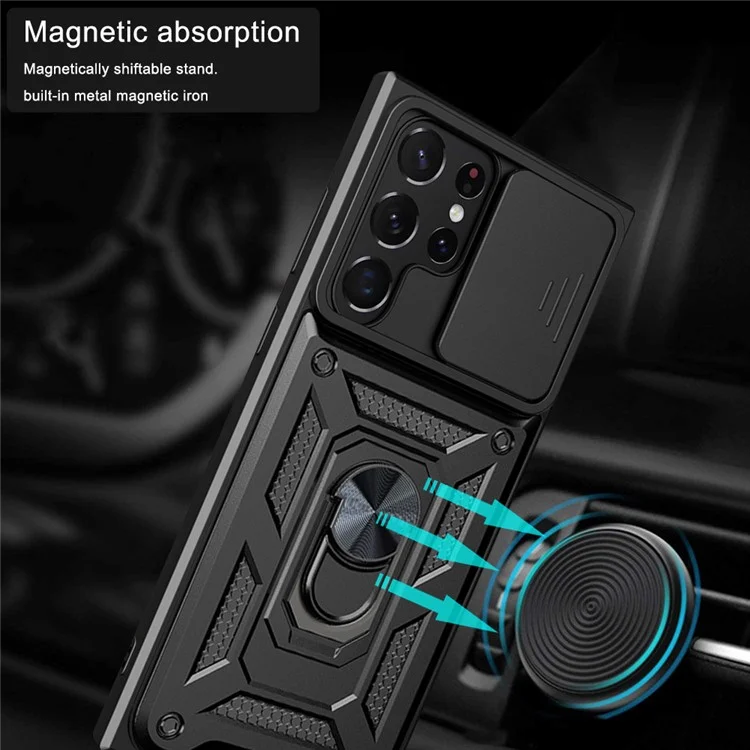 Para Samsung Galaxy S23 Ultra Case de Telefone Anti-queda Anel de Suporte Kickstand PC + TPU Capa de Smartphone com Protetor de Câmera Deslizante - Preto