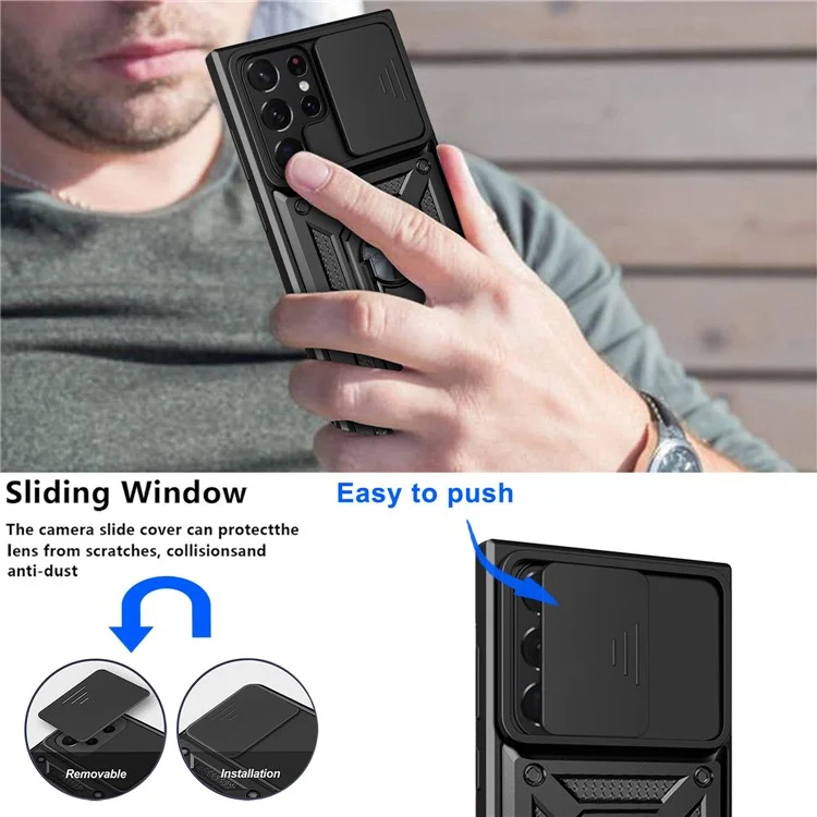 Para Samsung Galaxy S23 Ultra Case de Telefone Anti-queda Anel de Suporte Kickstand PC + TPU Capa de Smartphone com Protetor de Câmera Deslizante - Preto