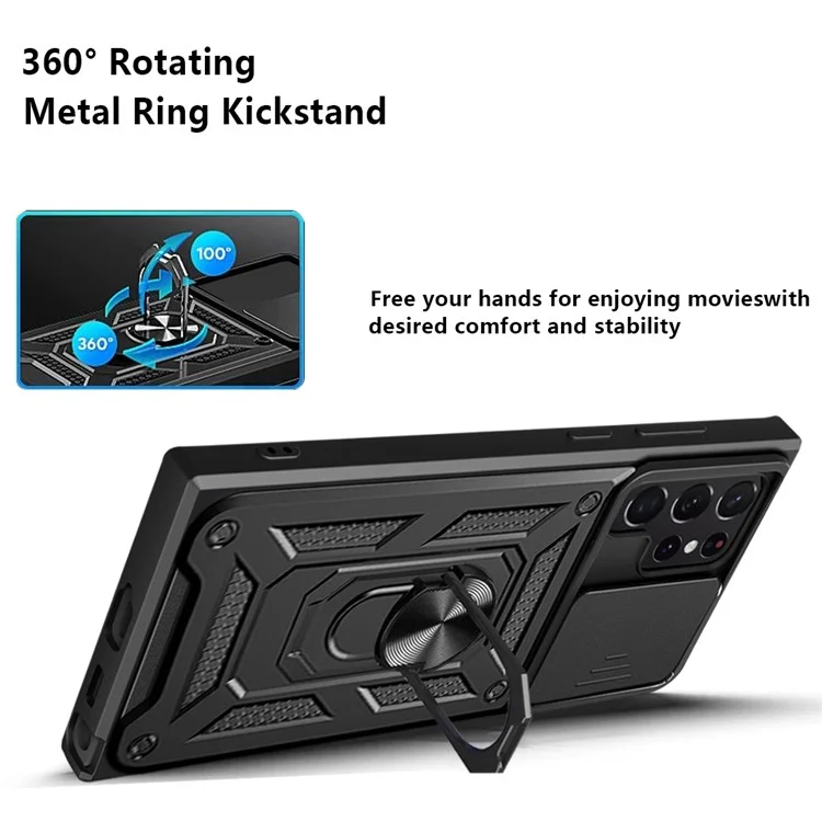 Para Samsung Galaxy S23 Ultra Case de Telefone Anti-queda Anel de Suporte Kickstand PC + TPU Capa de Smartphone com Protetor de Câmera Deslizante - Preto