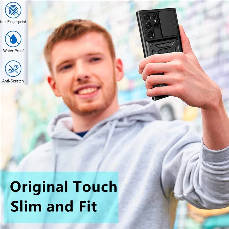 Para Samsung Galaxy S23 Ultra Case de Telefone Anti-queda Anel de Suporte Kickstand PC + TPU Capa de Smartphone com Protetor de Câmera Deslizante - Preto