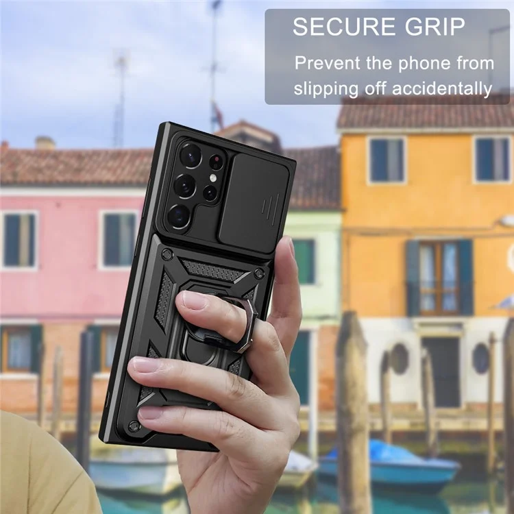 Para Samsung Galaxy S23 Ultra Case de Telefone Anti-queda Anel de Suporte Kickstand PC + TPU Capa de Smartphone com Protetor de Câmera Deslizante - Preto