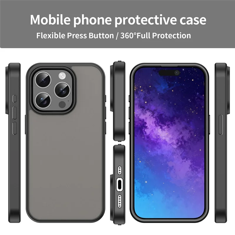For iPhone 15 Pro Case TPU PC Hybrid Soft Edge Hard Shell Protective Cover Camera Protection Anti Slip Texture - Black
