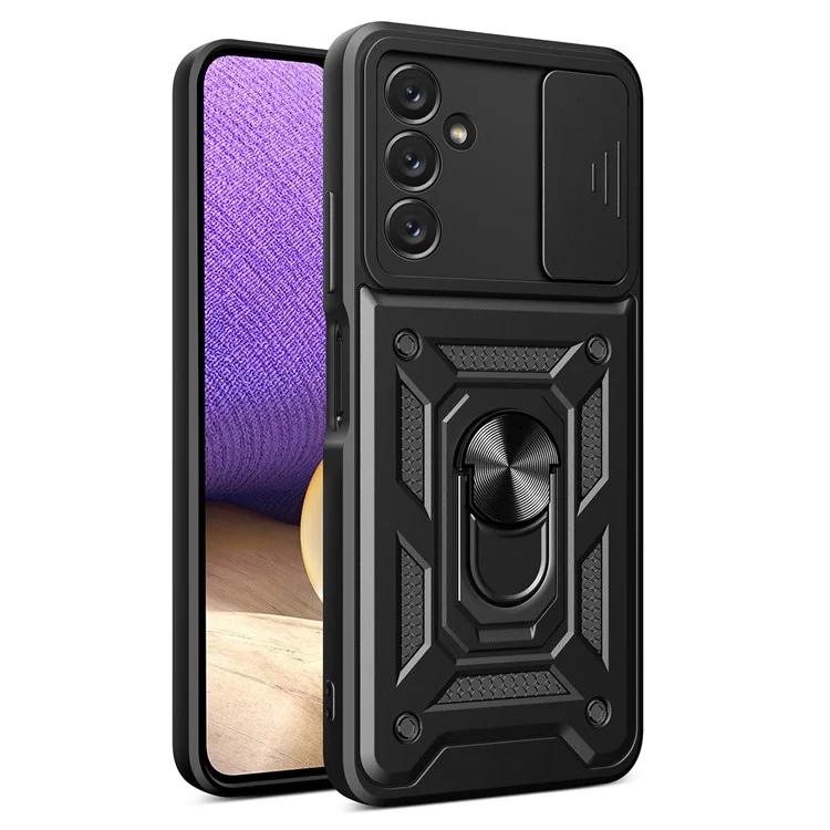 Für Samsung Galaxy A14 5G / A14 4G PC+TPU Hybrid Rückseiten-Cover Ring Ständer Schiebe-Deckel Kamera-Schutz Kratzfestes Handyhülle - Schwarz