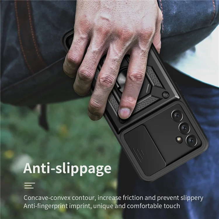 Für Samsung Galaxy A14 5G / A14 4G PC+TPU Hybrid Rückseiten-Cover Ring Ständer Schiebe-Deckel Kamera-Schutz Kratzfestes Handyhülle - Schwarz