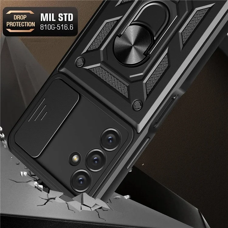 Für Samsung Galaxy A14 5G / A14 4G PC+TPU Hybrid Rückseiten-Cover Ring Ständer Schiebe-Deckel Kamera-Schutz Kratzfestes Handyhülle - Schwarz