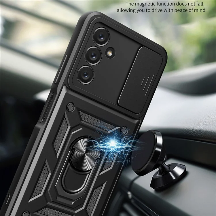 Für Samsung Galaxy A14 5G / A14 4G PC+TPU Hybrid Rückseiten-Cover Ring Ständer Schiebe-Deckel Kamera-Schutz Kratzfestes Handyhülle - Schwarz