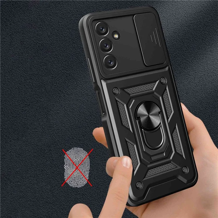 Für Samsung Galaxy A14 5G / A14 4G PC+TPU Hybrid Rückseiten-Cover Ring Ständer Schiebe-Deckel Kamera-Schutz Kratzfestes Handyhülle - Schwarz