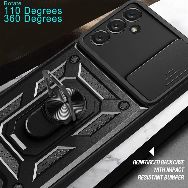 Für Samsung Galaxy A14 5G / A14 4G PC+TPU Hybrid Rückseiten-Cover Ring Ständer Schiebe-Deckel Kamera-Schutz Kratzfestes Handyhülle - Schwarz