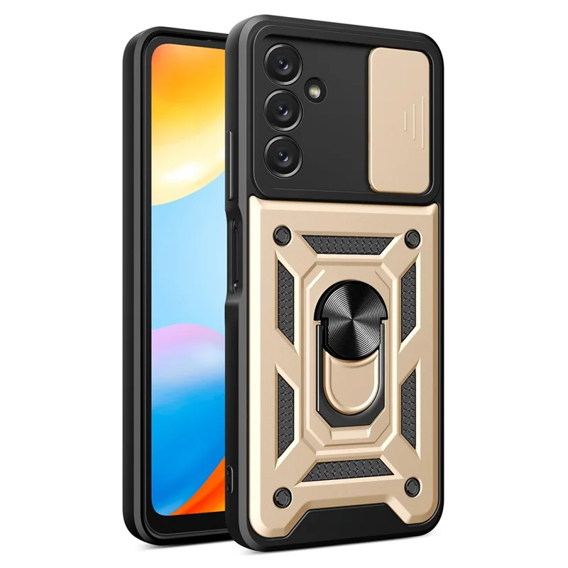 For Samsung Galaxy A14 5G / A14 4G PC+TPU Hybrid Back Cover Ring Kickstand Slide Lid Camera Protection Scratch-resistant Phone Case - Gold
