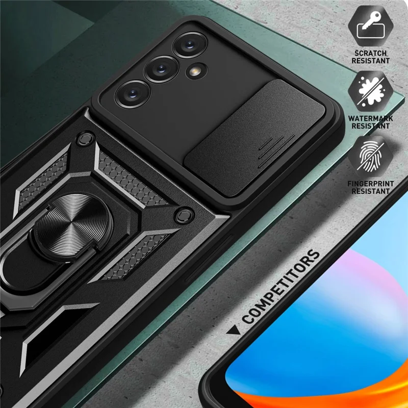 For Samsung Galaxy A14 5G / A14 4G PC+TPU Hybrid Back Cover Ring Kickstand Slide Lid Camera Protection Scratch-resistant Phone Case - Gold