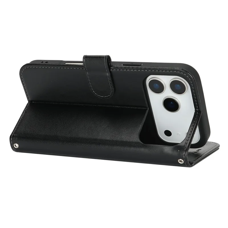 iPhone 17 Pro Max Hülle Strukturiertes Leder Brieftasche Handyhülle mit Gurt - Schwarz