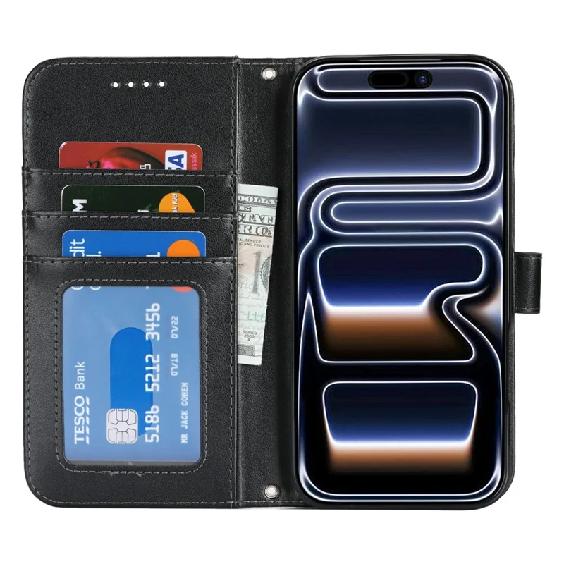 iPhone 17 Pro Hülle Strukturiertes Leder Brieftasche Handyhülle mit Riemen - Schwarz