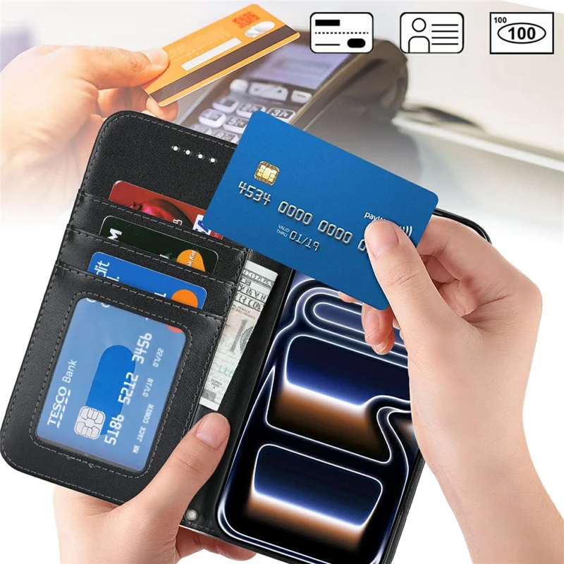 iPhone 17 Pro Hülle Strukturiertes Leder Brieftasche Handyhülle mit Riemen - Schwarz