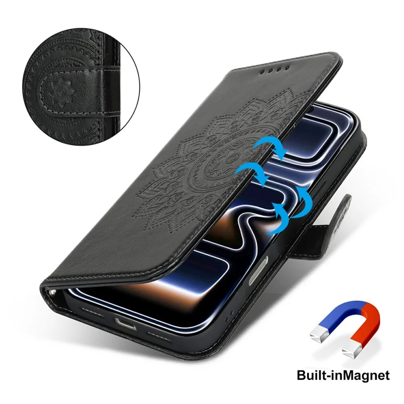 iPhone 17 Pro Hülle Strukturiertes Leder Brieftasche Handyhülle mit Riemen - Schwarz