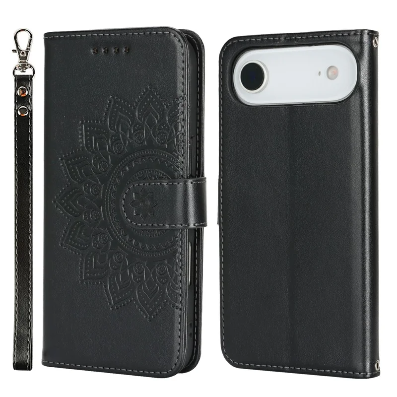 iPhone Air Case Texturiertes Leder Geldbörse Handyhülle mit Gurt - Schwarz