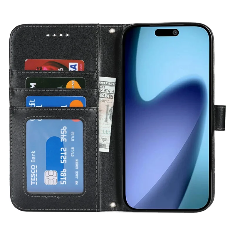 iPhone Air Case Texturiertes Leder Geldbörse Handyhülle mit Gurt - Schwarz