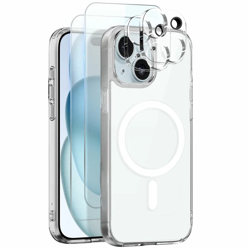 Conjunto NORTHJO 5 em 1 para iPhone 15 Plus Capa Magnética PC + Capa de Telefone TPU com 2 Protetores de Tela Frontal + 2 Películas de Lente