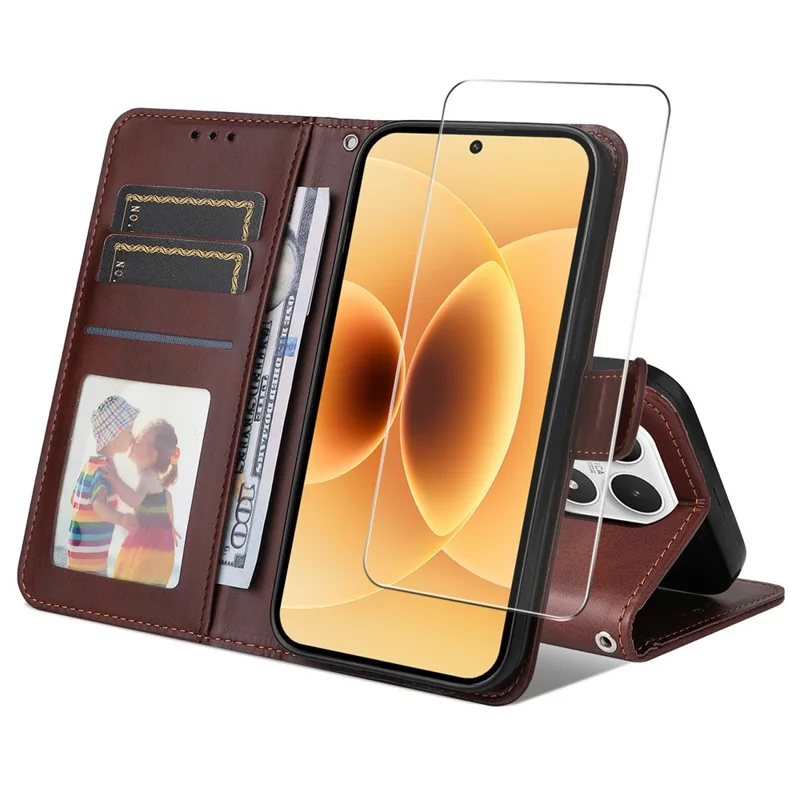 ENKAY HAT PRINCE For Xiaomi 17 Wallet Case Calf Texture Leather Phone Stand Cover with Strap and 0.18mm Screen Film (Support Ultrasonic Fingerprint Unlock) - Brown