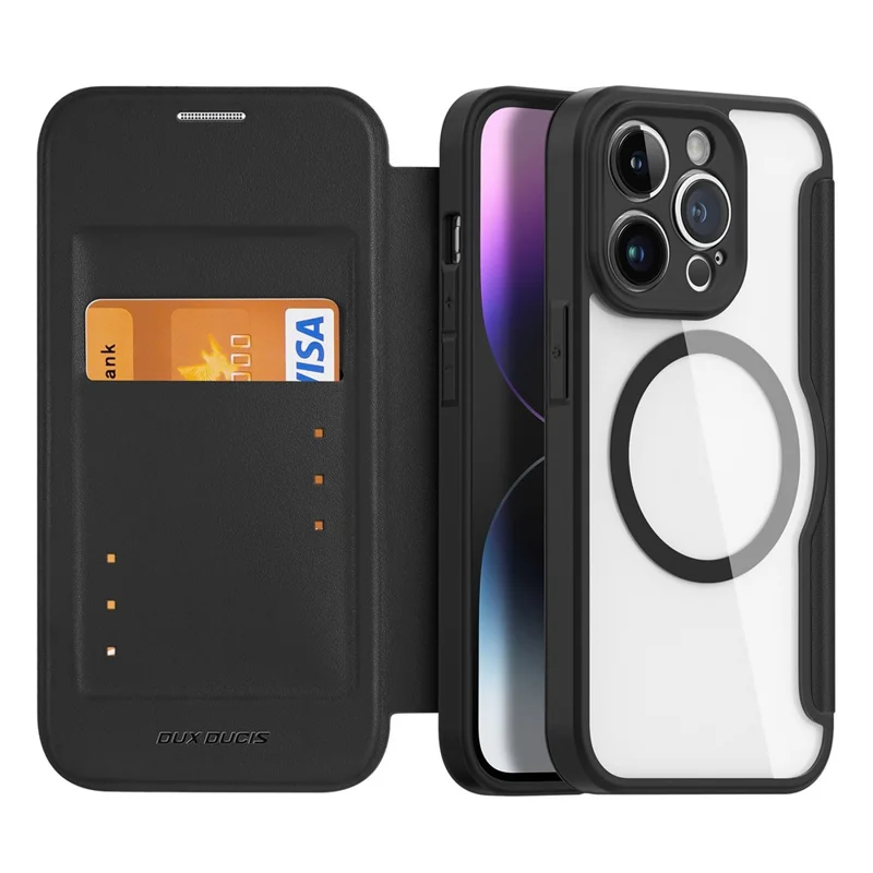 DUX DUCIS Skin X Pro-serie lederen hoesje voor iPhone 14 Pro Fliphoes compatibel met MagSafe - Zwart