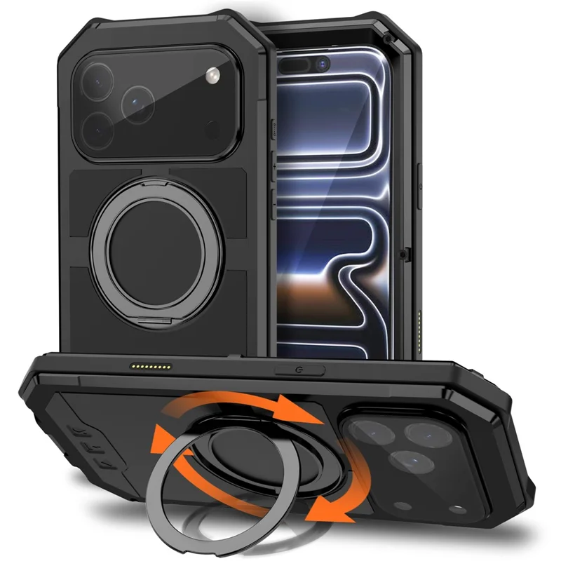 R-JUST For iPhone 17 Pro Max Case Compatible with MagSafe TPU + Metal Kickstand Phone Cover with Tempered Glass Film - Black