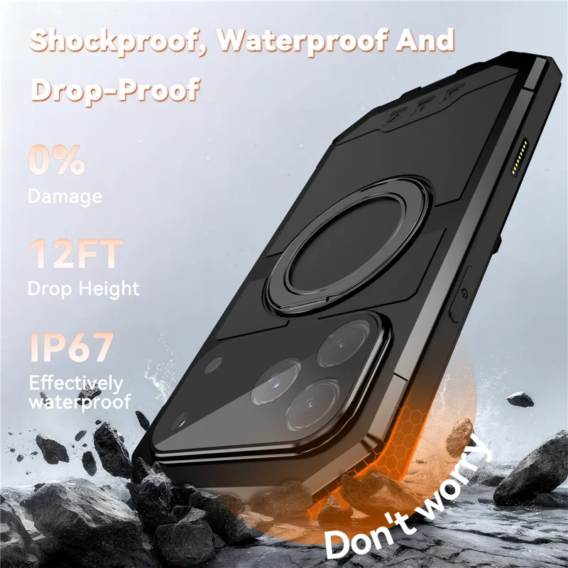 R-JUST For iPhone 17 Pro Max Case Compatible with MagSafe TPU + Metal Kickstand Phone Cover with Tempered Glass Film - Black