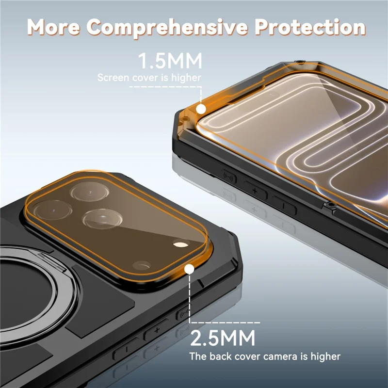 R-JUST For iPhone 17 Pro Max Case Compatible with MagSafe TPU + Metal Kickstand Phone Cover with Tempered Glass Film - Black