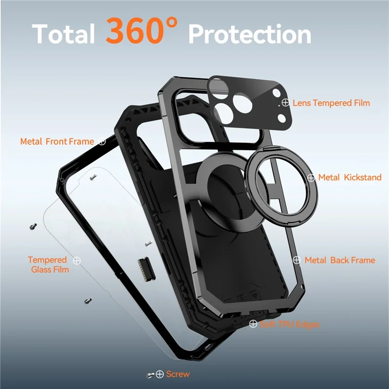 R-JUST For iPhone 17 Pro Max Case Compatible with MagSafe TPU + Metal Kickstand Phone Cover with Tempered Glass Film - Black