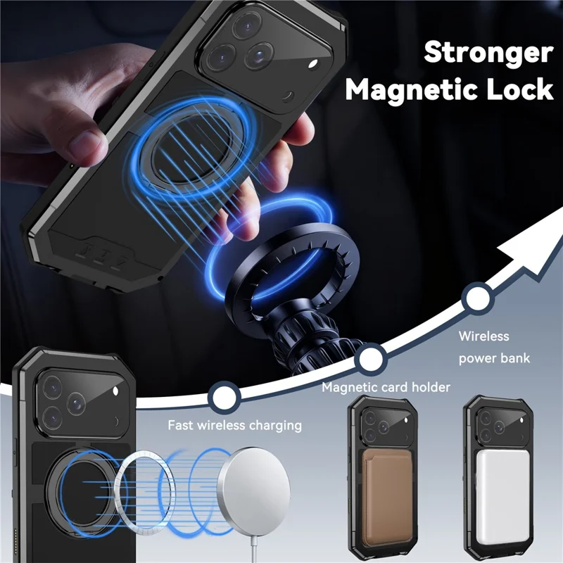 R-JUST For iPhone 17 Pro Max Case Compatible with MagSafe TPU + Metal Kickstand Phone Cover with Tempered Glass Film - Black