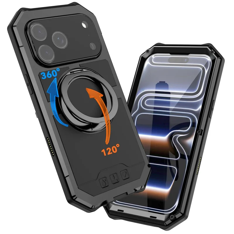 R-JUST For iPhone 17 Pro Max Case Compatible with MagSafe TPU + Metal Kickstand Phone Cover with Tempered Glass Film - Black