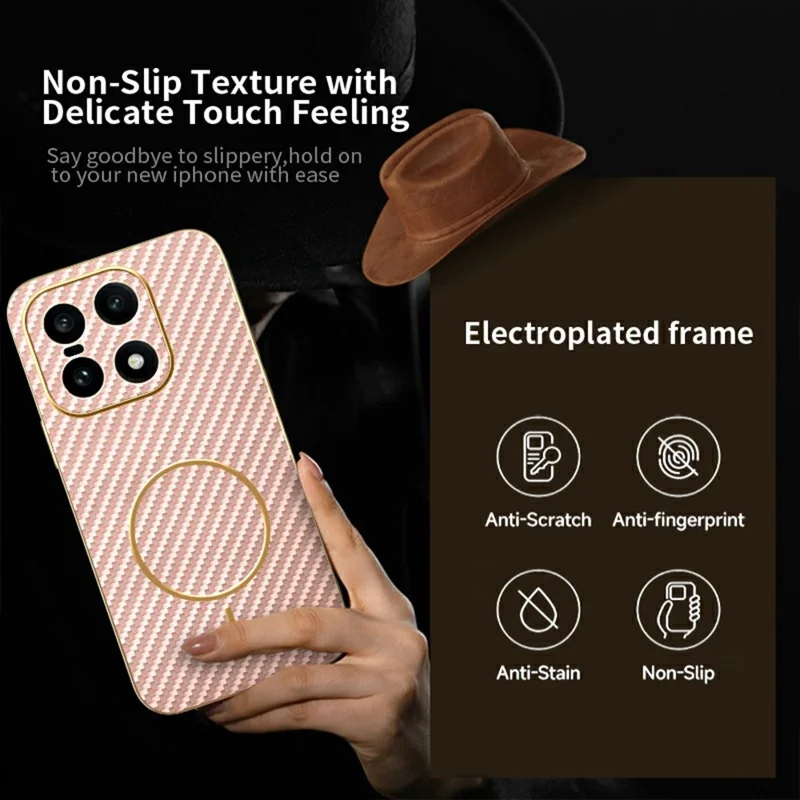 For OnePlus 15 5G Phone Case Carbon Fiber Textured Electroplated TPU Back Cover - Pink