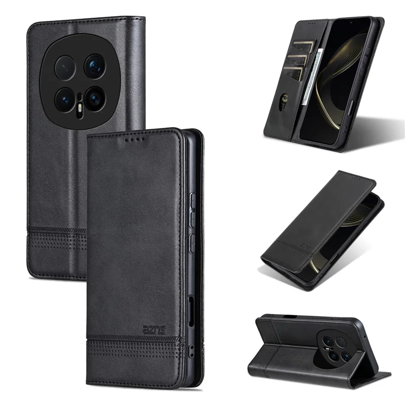 AZNS لجهاز Honor Magic8 Pro 5G غطاء جلد صناعي بملمس جلد البقر مع محفظة - أسود