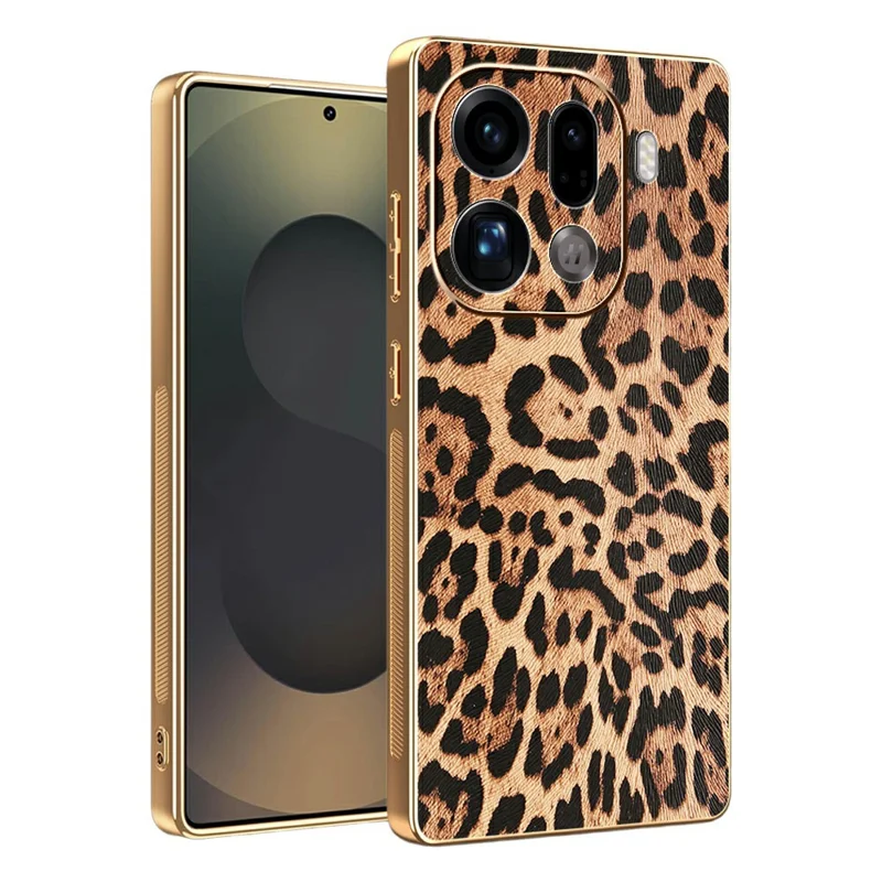 For Oppo Find X9 Pro 5G Case Leopard Print PU Leather Coated PC + TPU Electroplating Phone Cover