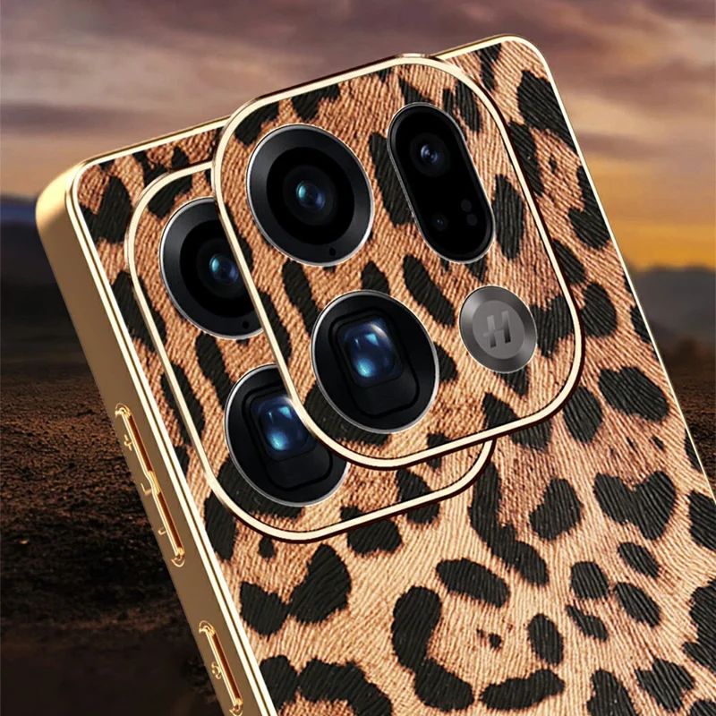 For Oppo Find X9 Pro 5G Case Leopard Print PU Leather Coated PC + TPU Electroplating Phone Cover