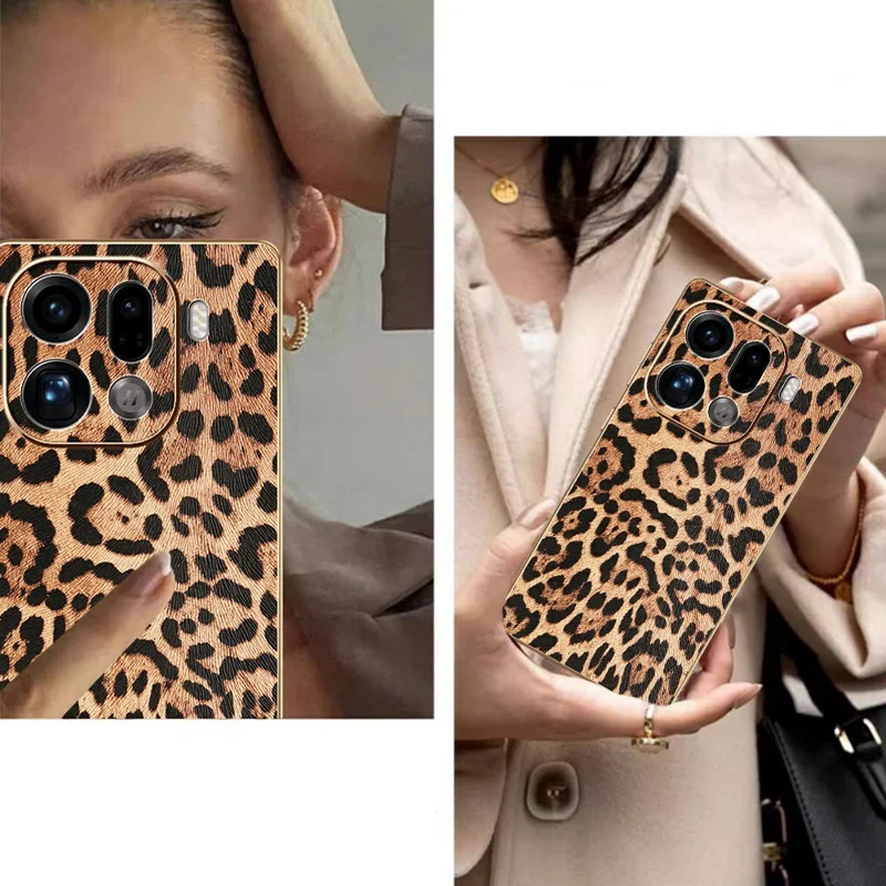 For Oppo Find X9 Pro 5G Case Leopard Print PU Leather Coated PC + TPU Electroplating Phone Cover