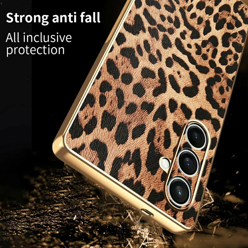 Samsung Galaxy S25 FE Hülle Leopardenmuster PU-Leder beschichtet PC + TPU Galvanisierung Handyhülle