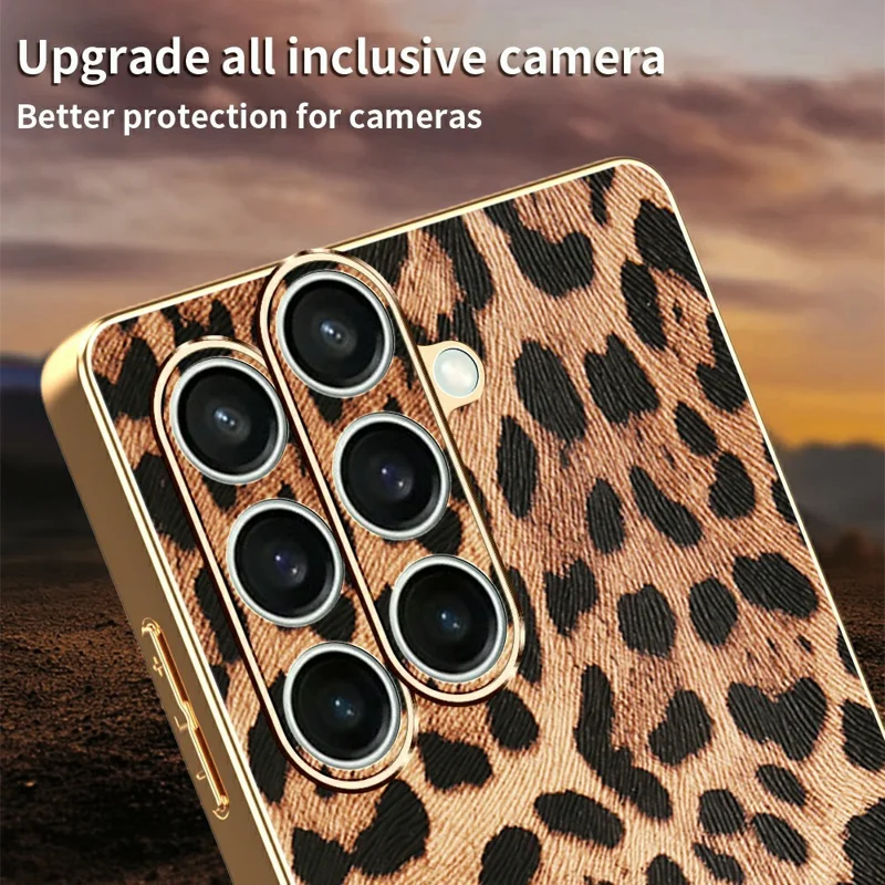 Samsung Galaxy S25 FE Hülle Leopardenmuster PU-Leder beschichtet PC + TPU Galvanisierung Handyhülle