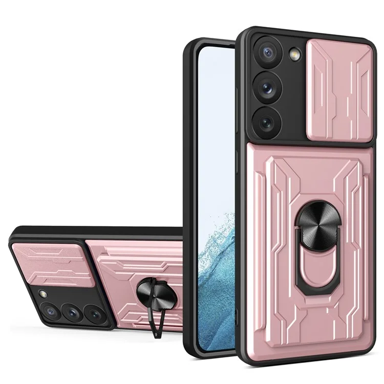 For Samsung Galaxy S23 Card Holder Magnetic Ring Kickstand Phone Case PC + TPU Hybrid Phone Protector with Slide Camera Cover - Rose Gold