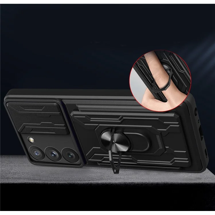 For Samsung Galaxy S23 Card Holder Magnetic Ring Kickstand Phone Case PC + TPU Hybrid Phone Protector with Slide Camera Cover - Rose Gold