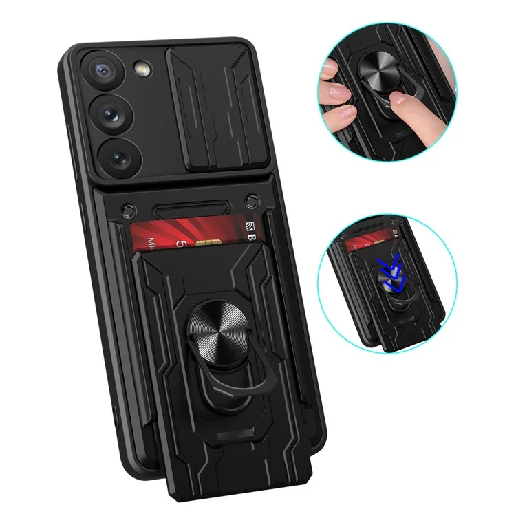 For Samsung Galaxy S23 Card Holder Magnetic Ring Kickstand Phone Case PC + TPU Hybrid Phone Protector with Slide Camera Cover - Rose Gold