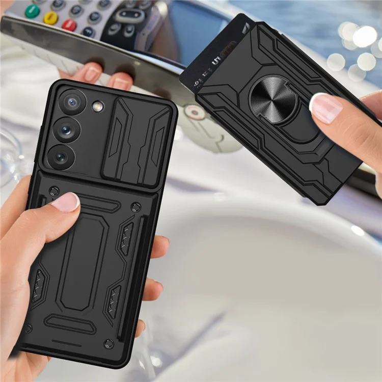 For Samsung Galaxy S23 Card Holder Magnetic Ring Kickstand Phone Case PC + TPU Hybrid Phone Protector with Slide Camera Cover - Rose Gold