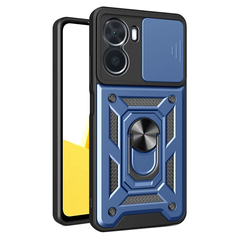 For vivo Y16 4G PC + TPU Hybrid Cover with Ring Kickstand Phone Case with Slide Camera Protector - Blue